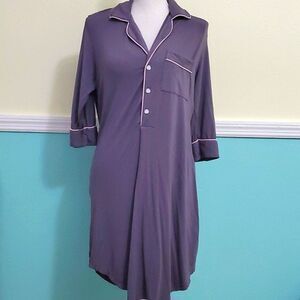 Ekouaer Gray & Pink 3/4 Sleeve Pleated Cozy Soft Quarte Buttoned Night Shirt S